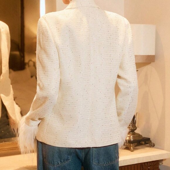 Apricot Elegant Women's Luxe Party Tweed Blazer with Feather Cuffs - Picture 2 of 9